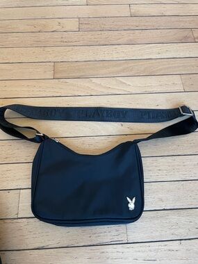 PLAYBOY Black Nylon Shoulder Belt Bag with Bunny Emblem